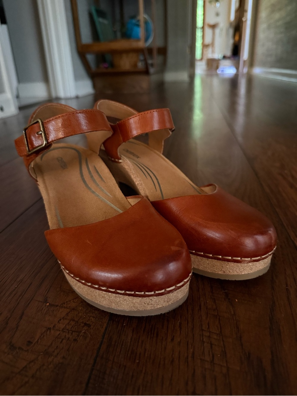 Aetrex Finley Adjustable ankle strap closed toe wedge clogs in cognac leather